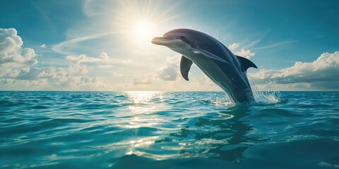 Dolphin breaching the ocean surface amidst a blue cloudy sky and sunlight, marine conservation awareness