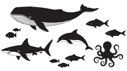 Black Silhouettes of Whale, Shark, Fish and and Octopus on White Background © No