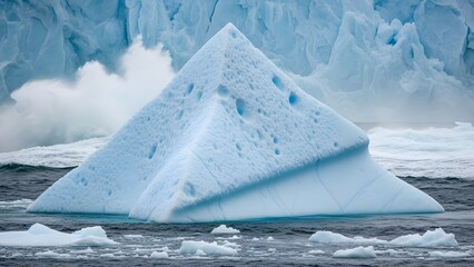 A large iceberg in the shape of a pyramid floating in the ocean with a glacier in the background and foggy atmosphere