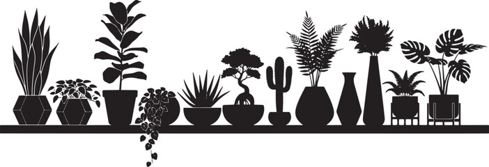 Collection of Silhouette Houseplants in Pots on a Shelf, Diverse Indoor Plants for Home Decor and Green Spaces