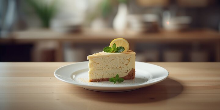 Slice of cheesecake, rich dairy dessert with smooth top and graham cracker base, ideal for bakery display