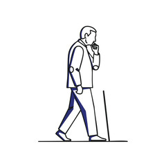 A thoughtful businessman walks with a cane, contemplating his next strategic move in a minimalist line art style.