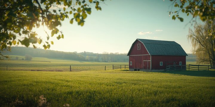 Open countryside with farmland and scattered buildings in rural America, ideal for rural scene backdrops