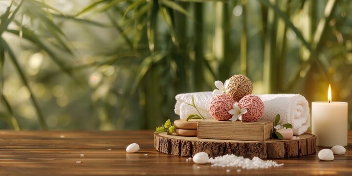 Thai massage therapy with herbal compress balls for relaxation, focusing on spa treatment, Summer Day