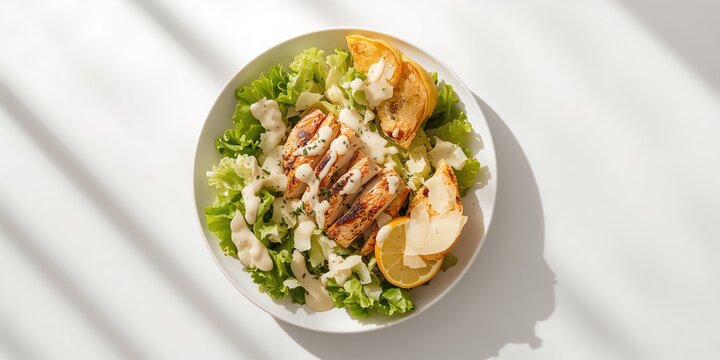 Homemade Caesar salad with chicken, lettuce, lemon, toast, caesar sauce, cheese and garlic, suitable for balanced meals