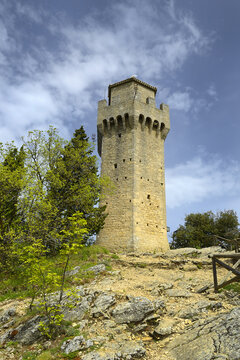 Ancient fortress of San Marino, towers of medieval fortifications on top of the hill Mount Titano - UNESCO World Heritage Site