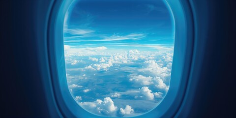 Passenger view of blue sky and clouds through airplane window, suitable for editorial header backgrounds