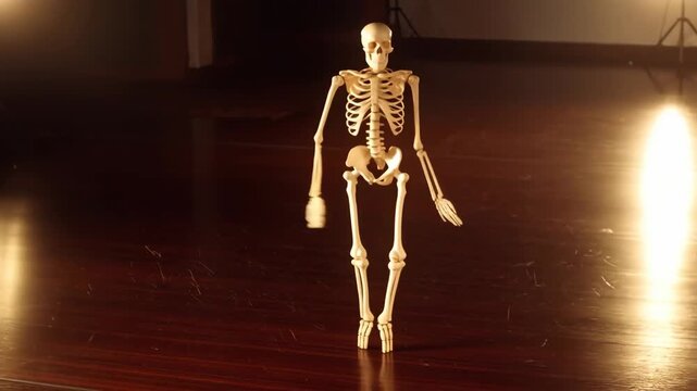 Animated skeleton model walking and posing on a wooden floor. Ideal for educational purposes in anatomy and movement studies