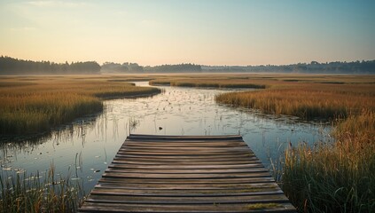Dock made of wood at Vrana Lake, Croatia, used for boating and fishing, scenic setting