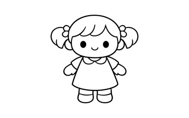Obraz premium Cute cartoon girl with pigtails and a simple dress, black and white outline