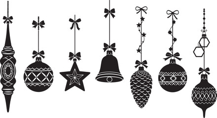 Collection of various Christmas ornament illustrations hanging on strings, featuring bows and unique designs