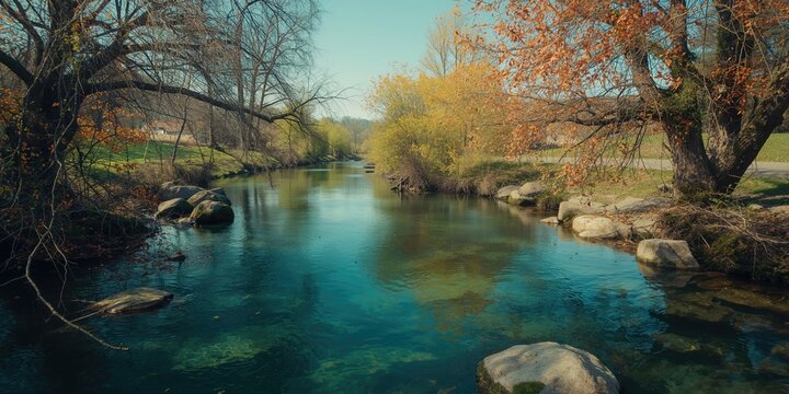 Springtime river scene with lush trees and reflections, used for natural landscape backgrounds
