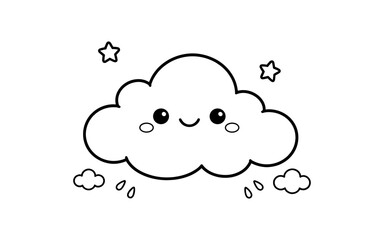 Fototapeta premium Cute cartoon cloud character with stars and rain drops, black and white outline