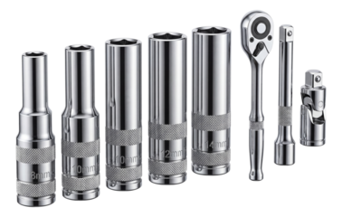 Diesel engine glow plug removal tool set with deep sockets.