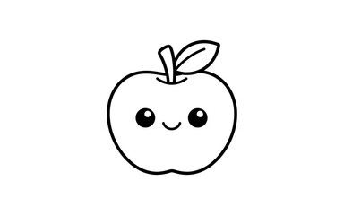 Obraz premium Cute kawaii apple character with a happy face and leaf, simple line art illustration