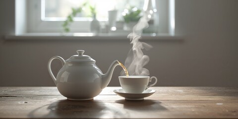 Fototapeta premium Hot tea transfer from teapot to cup on table, safety during handling