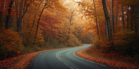Fototapeta premium Autumn road scene with colorful foliage, highlighting seasonal preservation and landscape dynamics