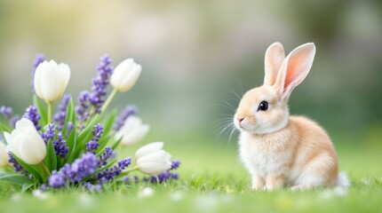 Obraz premium Cute baby bunny rabbit sitting in the grass with spring flowers. Adorable small animal with white tulips and purple lavender for the Easter holiday. Springtime nature background with copy space