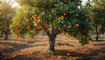 Sunlit orange grove with lush foliage and ripe fruit, highlighting agricultural sustainability, World Environment Day