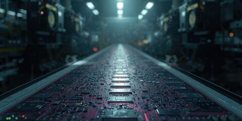 Close-up of a printed circuit board with microchips and components in the production stage, highlighting quality control