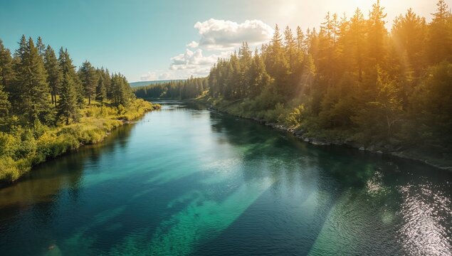 Leva River shoreline in northern Ural taiga, highlighting ecological conservation efforts
