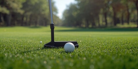 Close-up of a golf ball and putter positioned on a putting green, highlighting alignment and technique