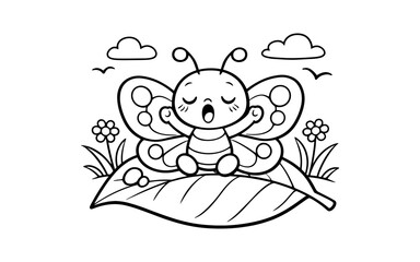 Fototapeta premium Cute cartoon butterfly yawning on a leaf with flowers and clouds in the background