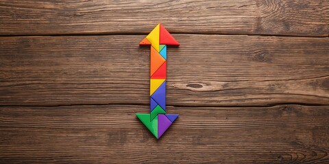 Colorful tangram puzzle assembled in upward and downward arrow shapes on wood surface, suitable for educational activities