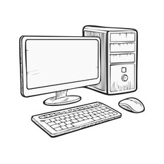 Fototapeta premium Desktop Computer Hand-Drawn Illustration for Workstation Setup Sketch Artwork Personal Device Outline Hardware