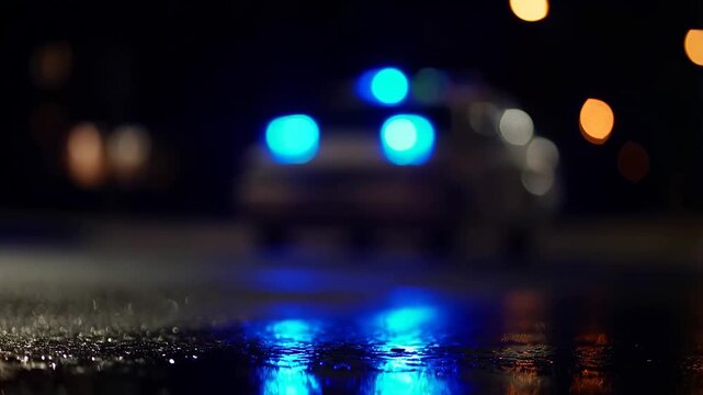Blurred view of police car with flashing blue lights on wet pavement at night. Emergency response vehicle signaling for urgent assistance