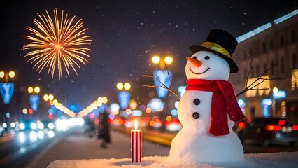 A cheerful snowman wearing a red scarf and black hat stands on a snowy sidewalk at night with a candle and fireworks in the background during a festive winter celebration