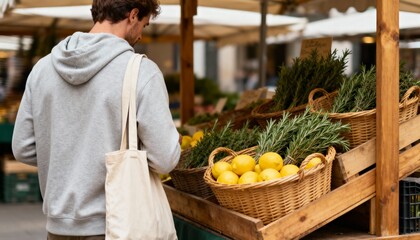 Young man shopping for fresh fruit at an outdoor farmers market. Male customer with reusable tote bag buying lemons and rosemary. Sustainable zero waste lifestyle concept