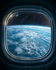 Fototapeta premium earth’s curve seen from golden spacecraft window high resolution picture