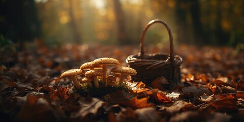Collection basket placed nearby as wild mushrooms grow among fallen oak leaves in a woodland area