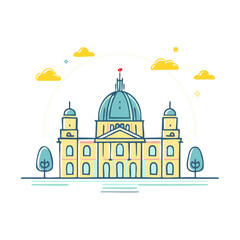Fototapeta premium Vector illustration of building with dome, yellow walls, and two trees at the base on a white background. Architectural landmark