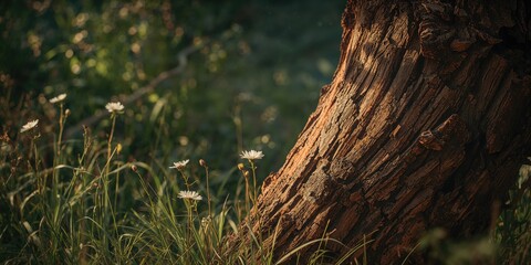 Obraz premium Riverside with a decayed, weathered tree trunk, emphasizing erosion and natural aging