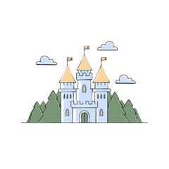 Naklejka premium Fantasy Castle with Pine Trees and Clouds, Minimalist Cartoon Style