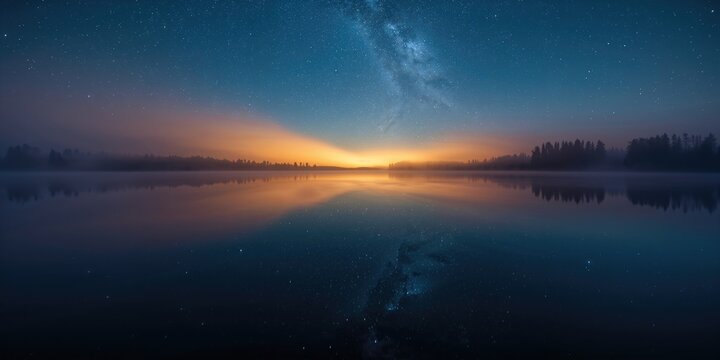 Finnish summer scene featuring Saimaa lake under a starry sky with noctilucent clouds and fog, highlighting natural atmospheric effects