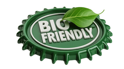 Green bottle cap with bio friendly text and leaf eco friendly isolated on a transparent background