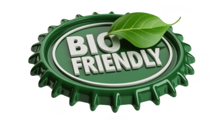 Green bottle cap with bio friendly text and leaf eco friendly isolated on a transparent background