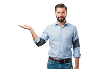 Man with beard holding out his hand with palm up isolated on transparent background