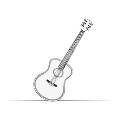 Fototapeta premium Acoustic guitar sketch with strings and tuning pegs in black line drawing on white background for stock images and design templates