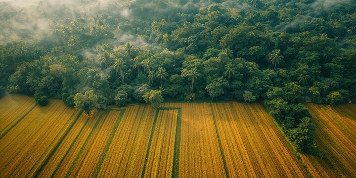Birds-eye perspective of the Xingu Indigenous Park adjacent to large soybean plantations in the Amazon, highlighting land use change and climate effects, World Environment Day