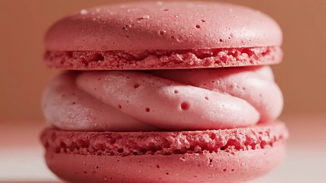 Delicious pink macarons stacked on top of each other on a soft background