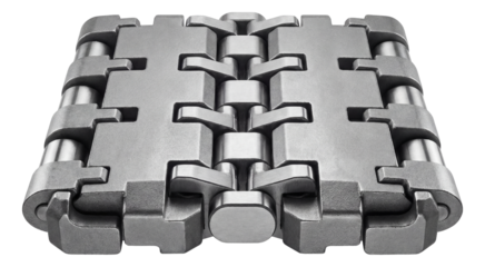 Heavy-duty swarf conveyor belt section with reinforced links for machine shop applications.