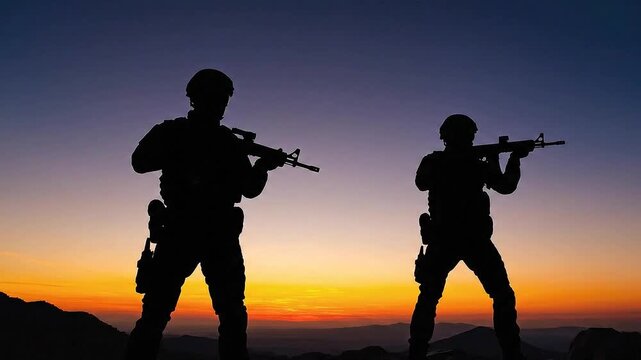 Two Silhouette Soldiers Holding Rifles on a Mountainous Ridge at Sunset with Vibrant Orange and Purple Sky