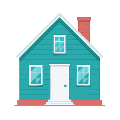 Charming teal house with red brick chimney and white trim, a classic suburban home illustration