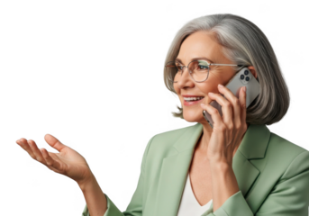 Smiling mature woman with glasses talking on a cell phone isolated on transparent background