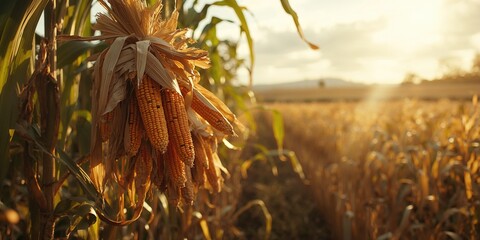 Obraz premium Corn stalks with dried cobs in a field, emphasizing crop maturity for livestock feed and food processing, harvest season
