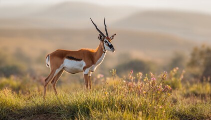 Spring buck standing amid blooming plants and fresh greenery, habitat conservation